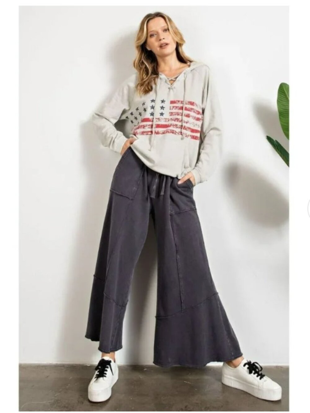 Easel Feeling Good Wide Leg Pants Washed Terry Knit Size Small